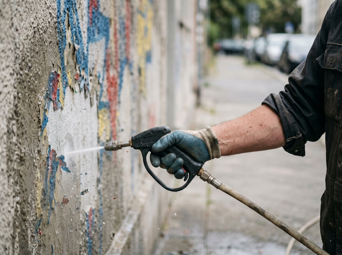 Eine Hand mit Arbeitshandschuh richtet einen Hochdruckreiniger auf eine Fassade, von der bunte Farbe abplatzt.