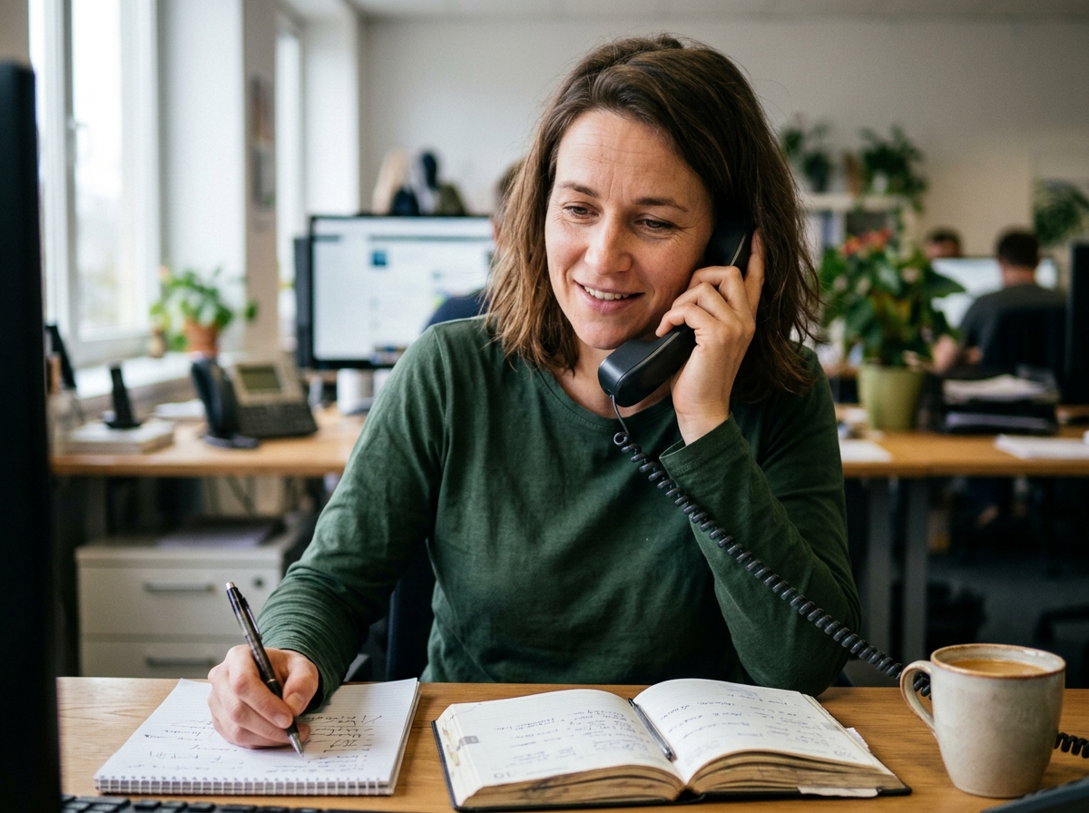 Eine lächelnde Person telefoniert am Schreibtisch im Büro und schreibt Notizen in einen Block.