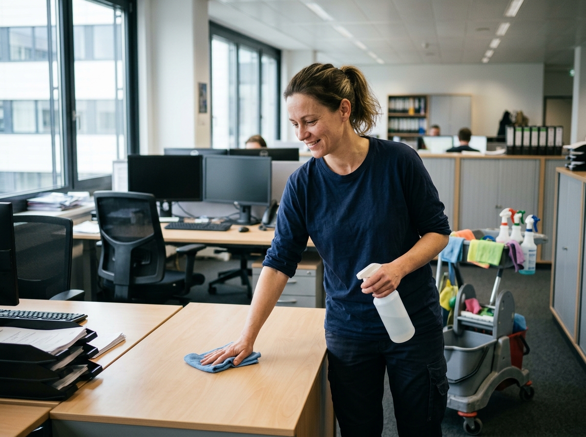 Eine Person wischt mit einem blauen Tuch einen Schreibtisch im Großraumbüro, daneben steht ein Reinigungswagen.