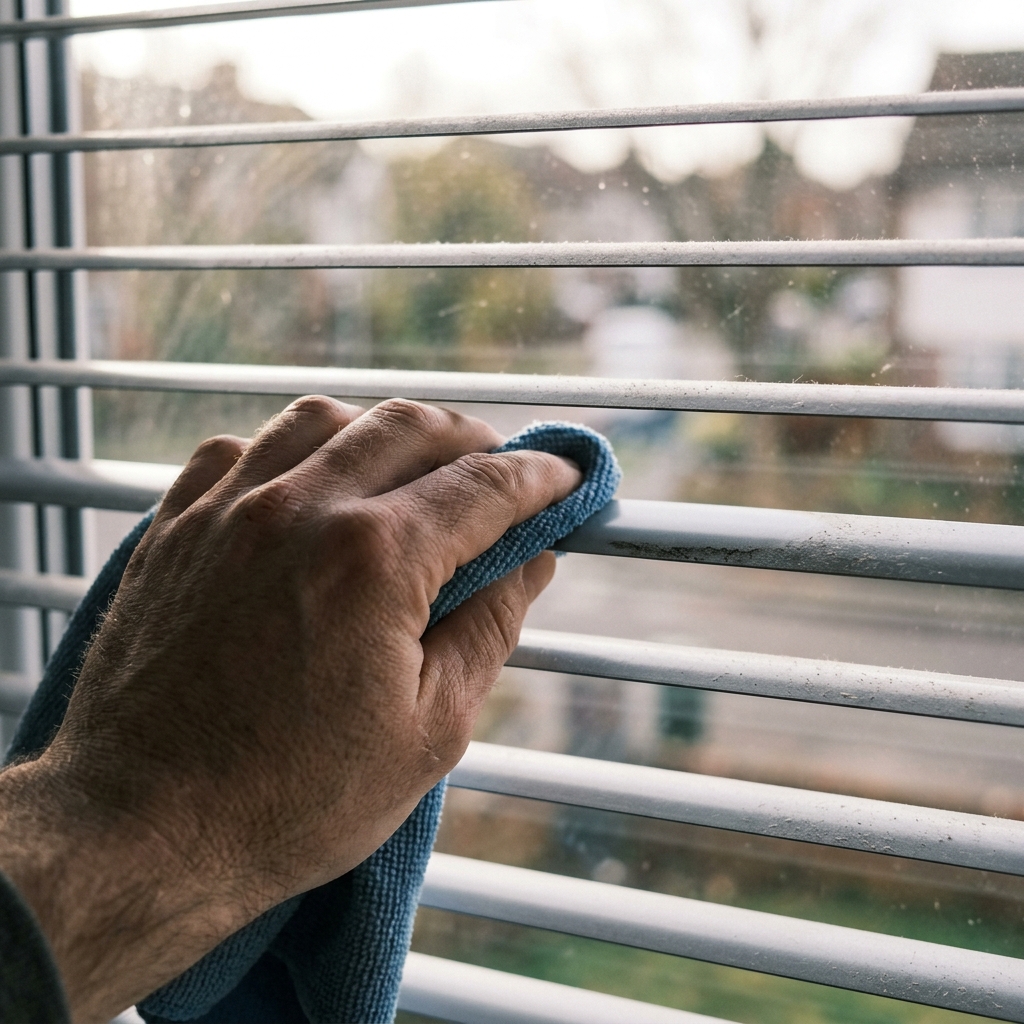 Eine Hand wischt mit einem blauen Mikrofasertuch Staub von den waagerechten Lamellen einer Jalousie am Fenster.
