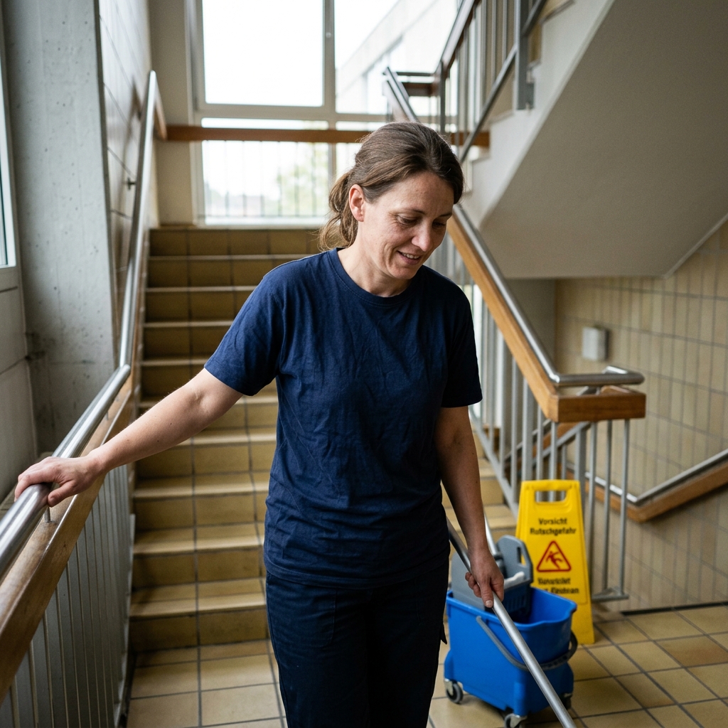 Reinigungskraft mit Wischmopp und Putzwagen neben einem gelben Warnschild auf dem Podest einer gefliesten Treppe.