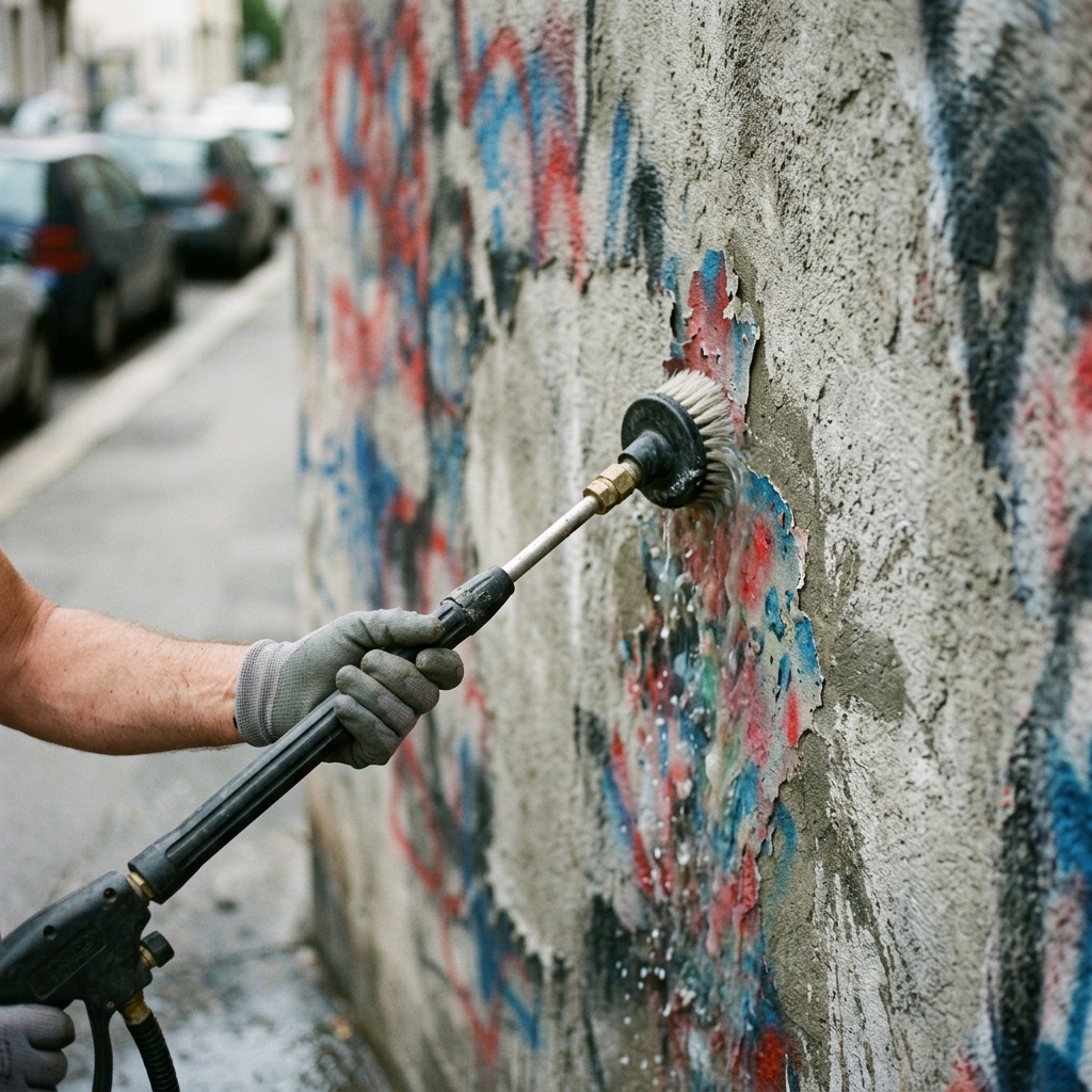 Eine behandschuhte Hand wäscht mit einem Hochdruckreiniger samt Bürste bunte Farbreste von einer rauen Fassade.