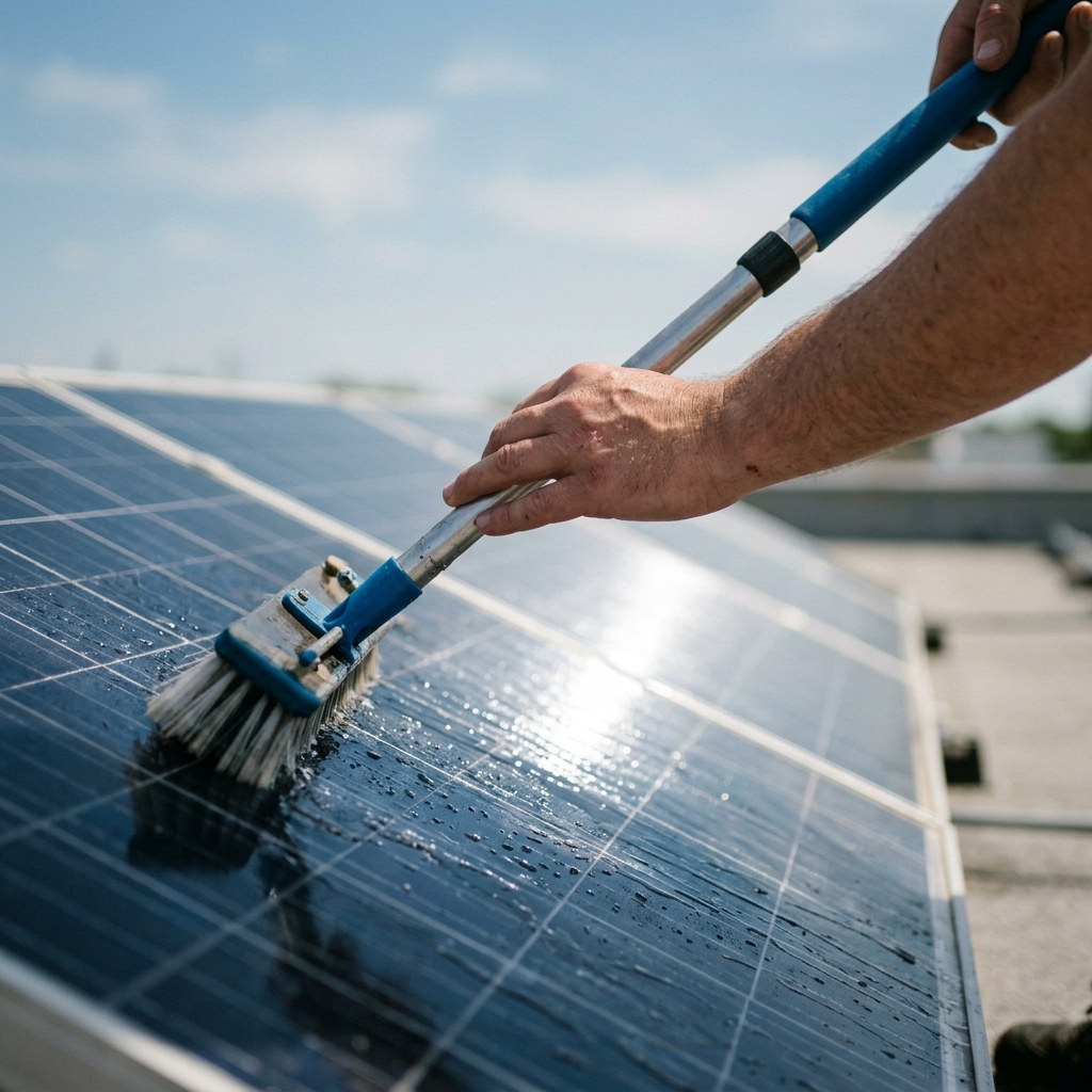 Hände führen eine weiche Bürste an einer Teleskopstange über ein nasses Solarmodul. Tropfen glänzen im Sonnenlicht.