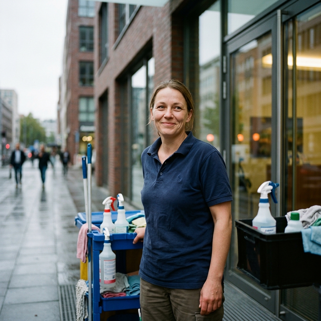 Eine lächelnde Reinigungskraft steht mit einem Putzwagen voller Reinigungsmittel auf dem Gehweg vor einem Bürogebäude.