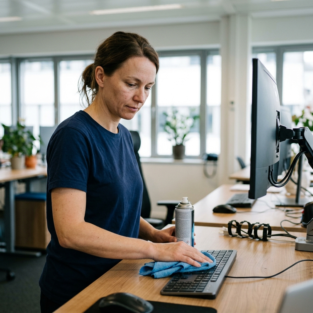 Eine Person im Büro reinigt eine Computertastatur mit einem blauen Tuch und hält dabei eine Spraydose.