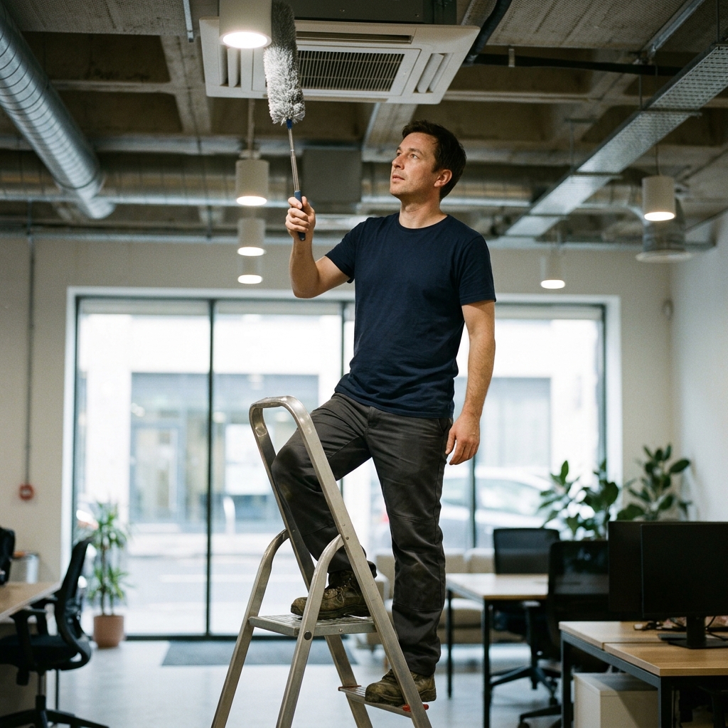 Reinigungskraft steht auf einer Leiter im Büro und entstaubt mit einem Teleskop-Staubwedel die Deckeninstallationen.